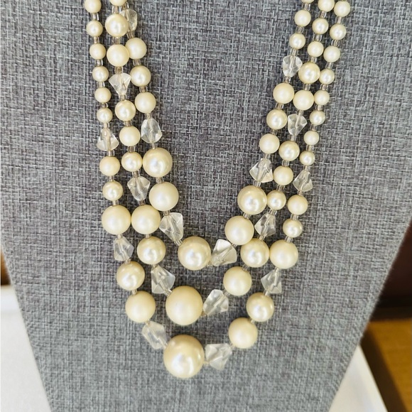 VTG Japan Faux Pearls and Crystal Glass Beads 3 Strand Necklace 16” - Picture 7 of 8
